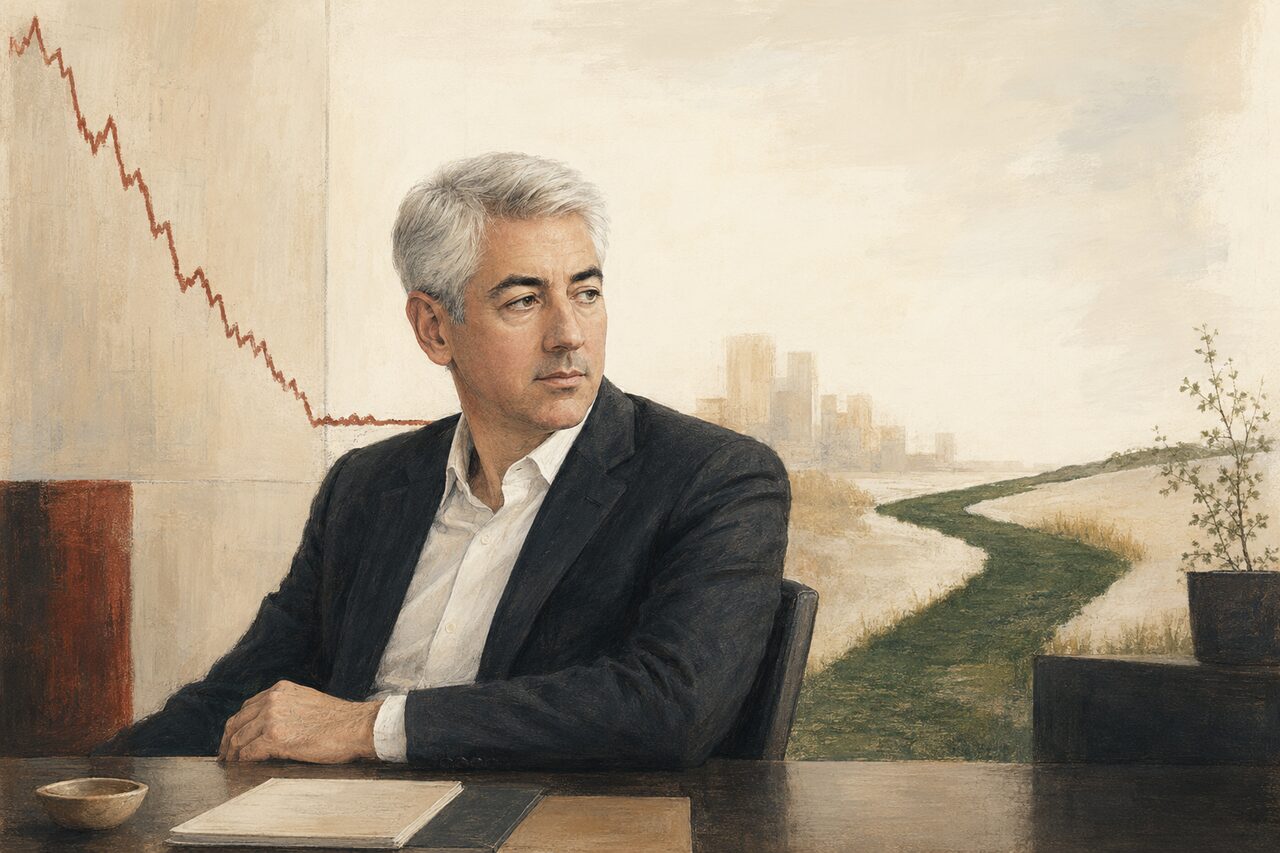 An editorial illustration of Bill Ackman between a falling market line and a rising green path.