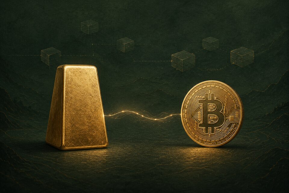 A gold bar and a Bitcoin coin, linked by a thin line of light.
