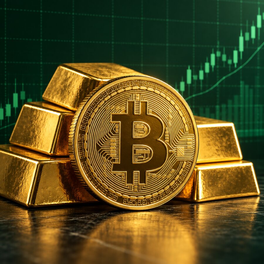 A gold bar and a Bitcoin coin linked by a thin line of light.