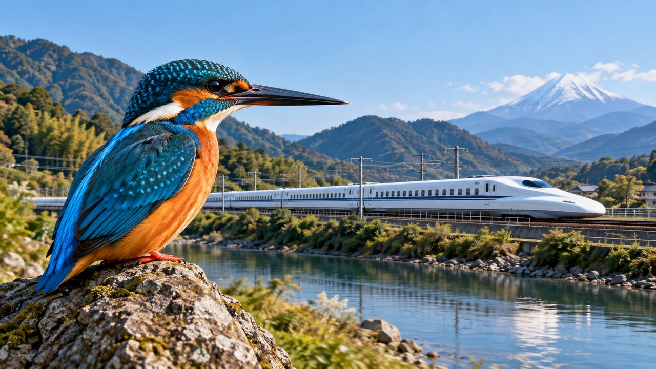 A kingfisher beside a Shinkansen train nose.