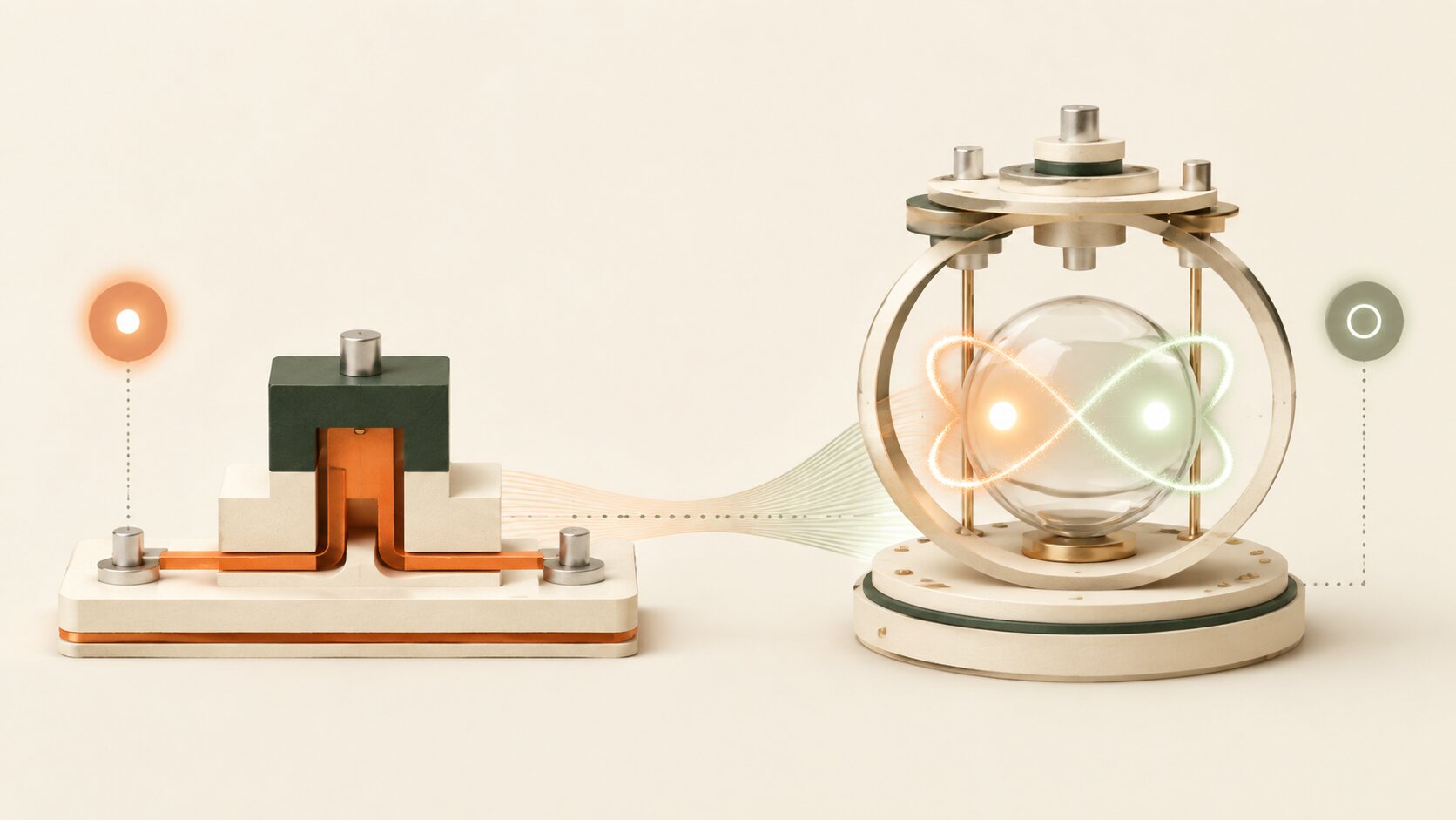 A conceptual comparison: a simple orange transistor device on the left and a delicate glass-like qubit in a circular quantum device on the right, connected by soft lines.